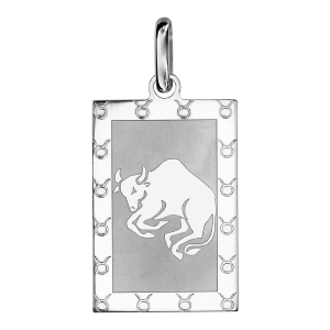 PENDENTIF ARGENT RHODIÉ ZODIAQUE PLAQUE RECTANGULAIRE TAUREAU BRILLANT FOND SABLE