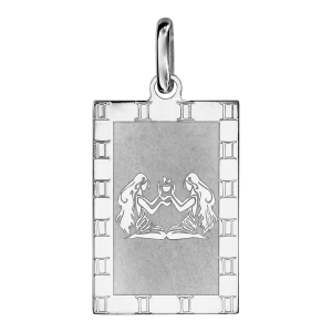 PENDENTIF ARGENT RHODIÉ ZODIAQUE PLAQUE RECTANGULAIRE GEMEAUX BRILLANT FOND SABLE