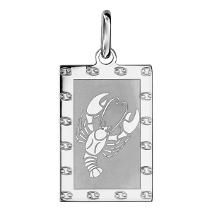 PENDENTIF ARGENT RHODIÉ ZODIAQUE PLAQUE RECTANGULAIRE CANCER BRILLANT FOND SABLE
