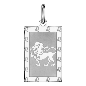 PENDENTIF ARGENT RHODIÉ ZODIAQUE PLAQUE RECTANGULAIRE LION BRILLANT FOND SABLE