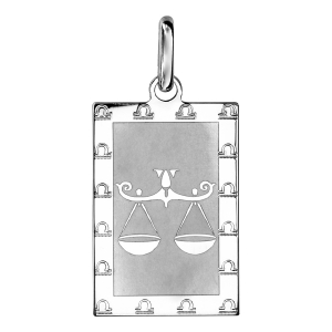 PENDENTIF ARGENT RHODIÉ ZODIAQUE PLAQUE RECTANGULAIRE BALANCE BRILLANT FOND SABLE