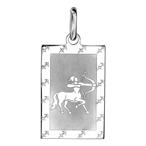 PENDENTIF ARGENT RHODIÉ ZODIAQUE PLAQUE RECTANGULAIRE SAGITTAIRE BRILLANT FOND SABLE