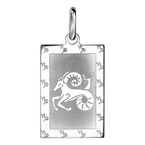 PENDENTIF ARGENT RHODIÉ ZODIAQUE PLAQUE RECTANGULAIRE CAPRICORNE BRILLANT FOND SABLE