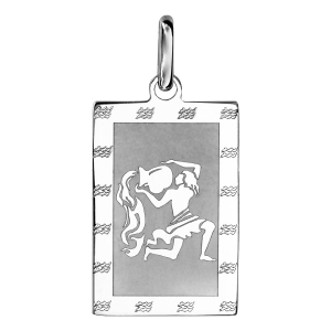PENDENTIF ARGENT RHODIÉ ZODIAQUE PLAQUE RECTANGULAIRE VERSEAU BRILLANT FOND SABLE