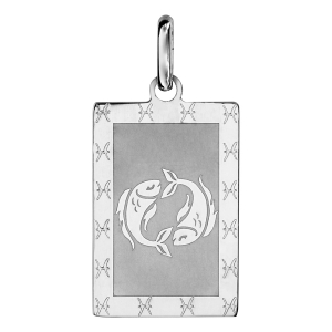 PENDENTIF ARGENT RHODIÉ ZODIAQUE PLAQUE RECTANGULAIRE POISSON BRILLANT FOND SABLE