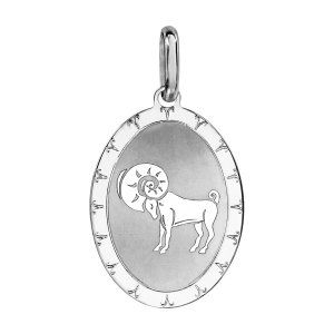 PENDENTIF ARGENT RHODIÉ ZODIAQUE PLAQUE OVALE BELIER BRILLANT FOND SABLE