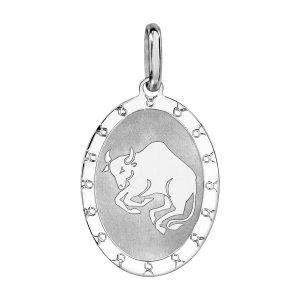 PENDENTIF ARGENT RHODIÉ ZODIAQUE PLAQUE OVALE TAUREAU BRILLANT FOND SABLE