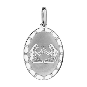 PENDENTIF ARGENT RHODIÉ ZODIAQUE PLAQUE OVALE GEMEAUX BRILLANT FOND SABLE