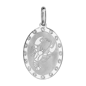 PENDENTIF ARGENT RHODIÉ ZODIAQUE PLAQUE OVALE CANCER BRILLANT FOND SABLE