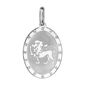 PENDENTIF ARGENT RHODIÉ ZODIAQUE PLAQUE OVALE LION BRILLANT FOND SABLE