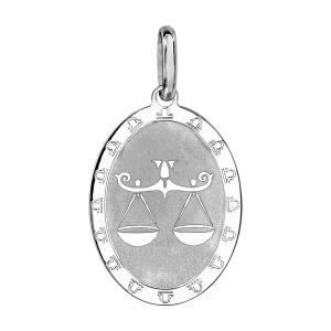 PENDENTIF ARGENT RHODIÉ ZODIAQUE PLAQUE OVALE BALANCE BRILLANT FOND SABLE