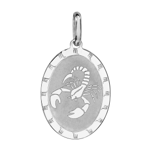 PENDENTIF ARGENT RHODIÉ ZODIAQUE PLAQUE OVALE SCORPION BRILLANT FOND SABLE