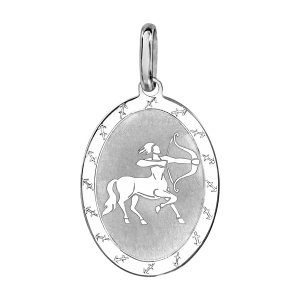 PENDENTIF ARGENT RHODIÉ ZODIAQUE PLAQUE OVALE SAGITTAIRE BRILLANT FOND SABLE