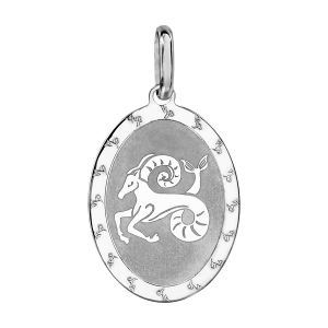 PENDENTIF ARGENT RHODIÉ ZODIAQUE PLAQUE OVALE CAPRICORNE BRILLANT FOND SABLE