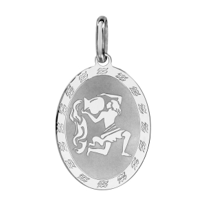 PENDENTIF ARGENT RHODIÉ ZODIAQUE PLAQUE OVALE VERSEAU BRILLANT FOND SABLE