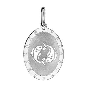 PENDENTIF ARGENT RHODIÉ ZODIAQUE PLAQUE OVALE POISSON  BRILLANT FOND SABLE