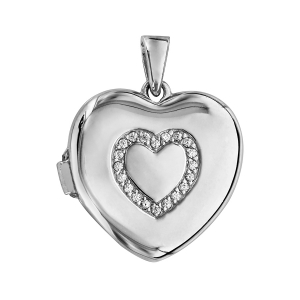 PENDENTIF CASSOLETTE ARGENT RHODIÉ COEUR 20MM AVEC OXYDES BLANCS SERTIS  (1 OU 2 PHOTOS DROITE ET GAUCHE)