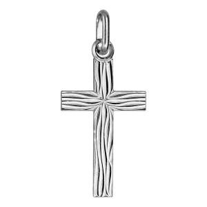 PENDENTIF MOYENNE  CROIX ARGENT RHODIÉ GRAVURE ASPECT BOIS