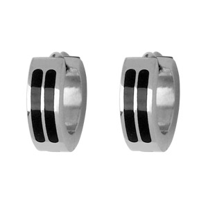 BOUCLES D'OREILLES CREOLE ACIER CLAIR 2 LIGNES RESINE NOIRE