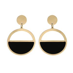 BOUCLES D'OREILLES TIGE ACIER ET PVD DORÉ CERCLE AVEC RÉSINE NOIRE