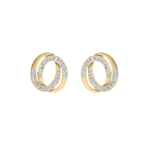 BOUCLES D'OREILLES TIGE ACIER ET PVD DORÉ DOUBLE CERCLE ENTRELACÉS OXYDES BLANCS