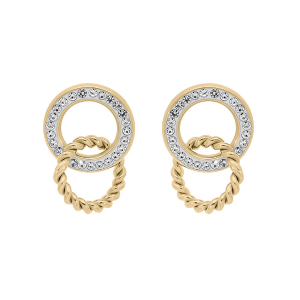 BOUCLES D'OREILLES TIGE ACIER ET PVD DORÉ DOUBLE 1 ANNEAU OXYDES BLANCS SERTIS ET 1 TORSADÉ ENTREMÉLÉS