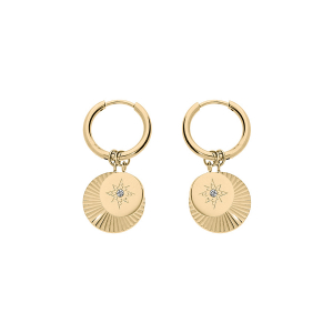 CRÉOLES ACIER ET PVD 12MM ARTICULÉE JAUNE DOUBLE PAMPILLE 1 ETOILE OXYDE BLANC ET 1 DIAMANTÉE