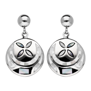 BOUCLES D'OREILLES TIGE ACIER STELLA MIA PENDANTE RONDE MOTIF FLEUR NOIR ET  BLANC AVEC NACRE