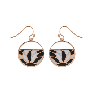 BOUCLES D'OREILLES CROCHET ACIER  ET PVD ROSE STELLA MIA RONDE AVEC RÉSINE BLANCHE ET NOIRE