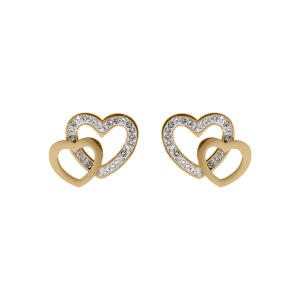 BOUCLES D'OREILLES ACIER PVD DORÉ DOUBLE COEUR STRASS