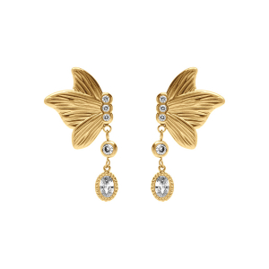BOUCLES D'OREILLES TIGE ACIER DORÉ PAPILLON OXYDES BLANCS SERTIS CLOS