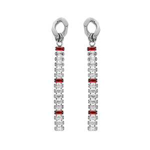 BOUCLES D'OREILLES TIGE ACIER PENDANTES OXYDES BLANCS ET ROUGES SERTIS