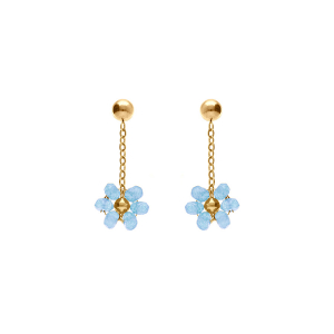 BOUCLES D'OREILLES TIGE ACIER DORÉ PENDANTE FLEURS JADE BLEU CIEL