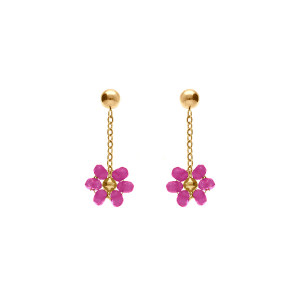 BOUCLES D'OREILLES TIGE ACIER DORÉ PENDANTE FLEURS JADE FUSHIA VÉRITABLE