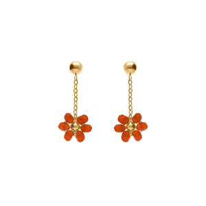 BOUCLES D'OREILLES TIGE ACIER DORÉ PENDANTE FLEURS JADE ORANGE VÉRITABLE