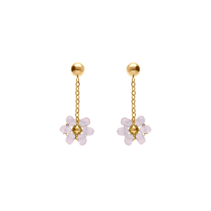 BOUCLES D'OREILLES TIGE ACIER DORÉ PENDANTE FLEURS QUARTZ ROSE VÉRITABLE