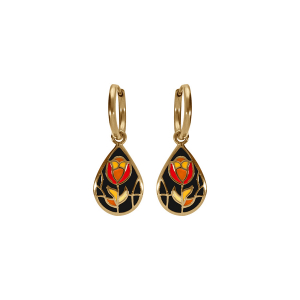 BOUCLES D'OREILLES TIGE ACIER DORÉ JAUNE STELLA MIA FORME GOUTTE RÉSINE NOIRE ET ROUGE