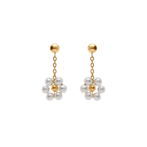 BOUCLES D'OREILLES TIGE ACIER DORÉ JAUNE PENDANTE AVEC FLEUR PERLES BLANCHES IMITATION