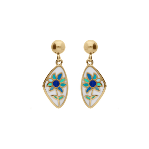 BOUCLES D'OREILLES TIGE ACIER DORÉ JAUNE STELLA MIA RÉSINE BLANCHE FLEUR BLEU