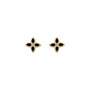 BOUCLES D'OREILLES TIGE  ACIER DORÉ FLEUR RÉSINE NOIRE