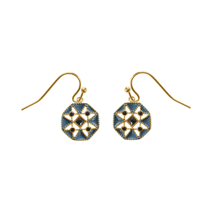BOUCLES D'OREILLES CROCHET ACIER DORÉ RÉSINE BLEU ET OXYDES NOIRS