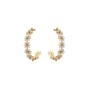 CRÉOLES TIGE ACIER DORÉ FLEURS RÉSINE BLANCHE ET JAUNE