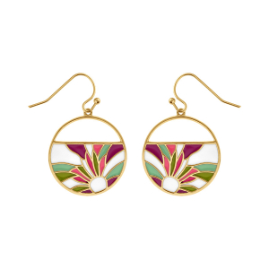 BOUCLES D'OREILLES ACIER DORÉ JAUNE STELLA MIA  RÉSINE FOND BLANC ET FLEUR ROSE ET VIOLET