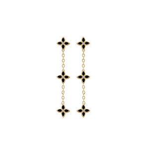 BOUCLES D'OREILLES TIGE ACIER DORÉ 3 FLEURS RÉSINE NOIRE