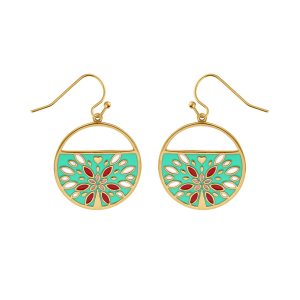 BOUCLES D'OREILLES ACIER DORÉ JAUNE STELLA MIA  RÉSINE VERTE ET ROUGE