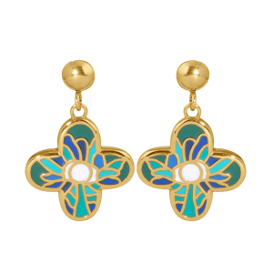 BOUCLES D'OREILLES TIGE ACIER DORÉ STELLA MIA FORME FLEUR  16MM RÉSINE VERT ET BLEU
