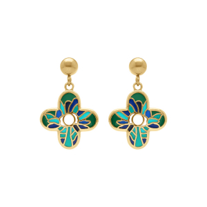 BOUCLES D'OREILLES TIGE ACIER DORÉ STELLA MIA FORME FLEUR  16MM RÉSINE VERT ET BLEU