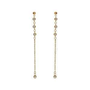 BOUCLES D'OREILLES TIGE ACIER ET PVD DORÉ PENDANTE AVEC OXYDES BLANCS SERTIS CLOS