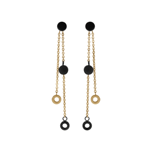 BOUCLES D'OREILLES TIGE ACIER DORÉ  2 CHAINETTE AVEC PASTILLES PVD NOIR