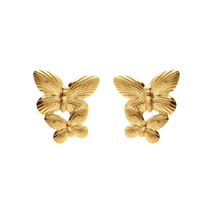BOUCLES D'OREILLES TIGE ACIER DORÉ JAUNE PAPILLON DOUBLE
